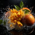 mango fruit with water splash on black background