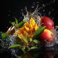 mango fruit with water splash on black background