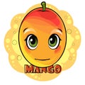 Mango fruits on an abstract background. Face. Inscription. Isolated object on white. Ripe. Cartoon flat style