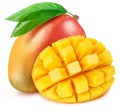 Mango fruits with green leaves and mango cut in hedgehog style. File contains clipping path Royalty Free Stock Photo