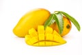 Mango fruits with Sliced piece and green leaf isolated