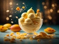 Mango gelato, floating delicious refreshing frozen dessert fresh mango puree ice cream, milk, cream, sugar. Cinematic ads photo