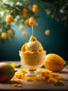 Mango gelato, floating delicious refreshing frozen dessert fresh mango puree ice cream, milk, cream, sugar. Cinematic ads photo