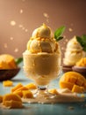 Mango gelato, floating delicious refreshing frozen dessert fresh mango puree ice cream, milk, cream, sugar. Cinematic ads photo