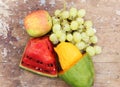 Mango with green grape with water melon and apple fruits Royalty Free Stock Photo