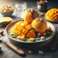 Mango ice cream with fresh mango cubes, garnished with mint and almonds on a rustic table. Royalty Free Stock Photo