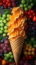 Mango ice cream in the shape of a flower on the background of grapes Royalty Free Stock Photo