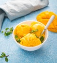 Mango ice cream, sorbet in a plate on a concrete background Royalty Free Stock Photo