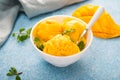 Mango ice cream, sorbet in a plate on a concrete background Royalty Free Stock Photo