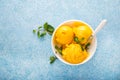 Mango ice cream, sorbet in a plate on a concrete background Royalty Free Stock Photo