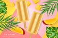 Mango ice cream Vector realistic. Fresh delicious iace cream dessert on a stick. Abstract background. Detailed elements Royalty Free Stock Photo