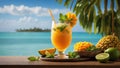 Mango iced cocktail with mint. Summer refreshing mango beverage, drink, juice or smoothie with ice. Banner. Generative AI