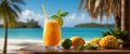 Mango iced cocktail with mint. Summer refreshing mango beverage, drink, juice or smoothie with ice. Banner. Generative AI