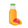 Mango juice in bottle isolated on white background. Fresh fruit tropical drink. Royalty Free Stock Photo