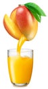 Mango juice glass and fresh juice pouring from mango fruit into the glass on white background Royalty Free Stock Photo