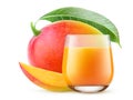 Mango juice in a glass and fresh red mango fruit with leaf isolated on white Royalty Free Stock Photo