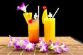 Mango juice and juice soda with fruit on glass isolation black Royalty Free Stock Photo