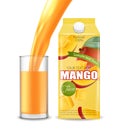 Mango juice Vector realistic. Product placement mock up. Pouring drink in a glass. Packaging design. 3d illustrations