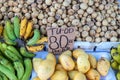 Mango, langsat and banana on farm market. Price tag with inscription Mango in cebuano language