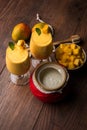 Mango Lassi or smoothie in big glass or small bottles with curd, cut fruit pieces and blender. Royalty Free Stock Photo