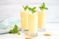 mango lassi in tall glasses with mint garnish