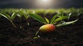 Ripe Mango on the Ground with Young Saplings Royalty Free Stock Photo