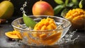 Mango and Mango slices with leaf water splash in bowl. Image is generated with the use of an Artificial intelligence