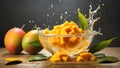 Mango and Mango slices with leaf water splash in bowl. Image is generated with the use of an Artificial intelligence