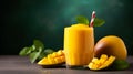 Mango margarita in a glass with sliced fresh mango fruit on wooden table over turquoise background. Creamy tropical drink on dark