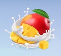 Mango and milk splash. Fruit and yogurt. 3d vector icon