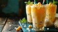 Mango milkshake with sweet tapioca balls, Asian bubble tea drink