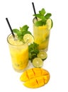 Mango mojito in highball glass with sliced mango isolated on white background