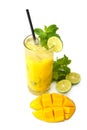 Mango mojito in highball glass with sliced mango isolated on white background