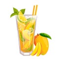 Mango mojito.Tropical cocktail, lemonade with mango slices, mint, lime, ice.