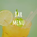 Mango mojito on the wooden pier. Concept of luxury tropical vacation. Classic cocktail. Bar menu wording