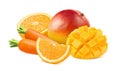 Mango, orange and carrot isolated on white background