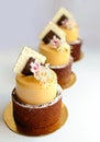 Mango orange golden wedding dessert with spring chestnut flowers and chocolate napkin decoration