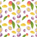 Mango and passion fruit seamless pattern, watercolor illustration