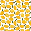 Mango pattern, texture or background vector seamless design. Tropical and exotic fruit illustration, whole and cut. Royalty Free Stock Photo