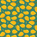 Mango pattern, texture or background vector seamless design. Tropical and exotic yellow and orange fruit illustration on turquoise Royalty Free Stock Photo