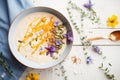 mango and peach smoothie bowl with a dollop of greek yogurt Royalty Free Stock Photo