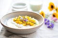 mango and peach smoothie bowl with a dollop of greek yogurt Royalty Free Stock Photo