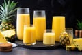 mango-pineapple smoothies in various glasses with different shapes