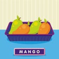 Mango on the plastic food packaging tray wrapped with polyethylene. Vector illustration Royalty Free Stock Photo