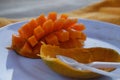 Mango plate on beach Royalty Free Stock Photo