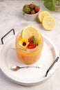 Mango pudding with lemon toping and strawberry Royalty Free Stock Photo