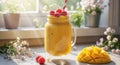 Mango Raspberry Smoothie in Mason Jar with Flowers, a Refreshing and Healthy Summer Drink Royalty Free Stock Photo