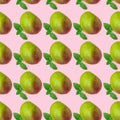 Mango seamless pattern with green mint leaves made of photography on pastel background