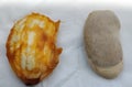 Mango seed's endocarp and kernal side by side.