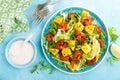 Mango shrimps salad with red pepper and lime juice. Seafood. Top view Royalty Free Stock Photo